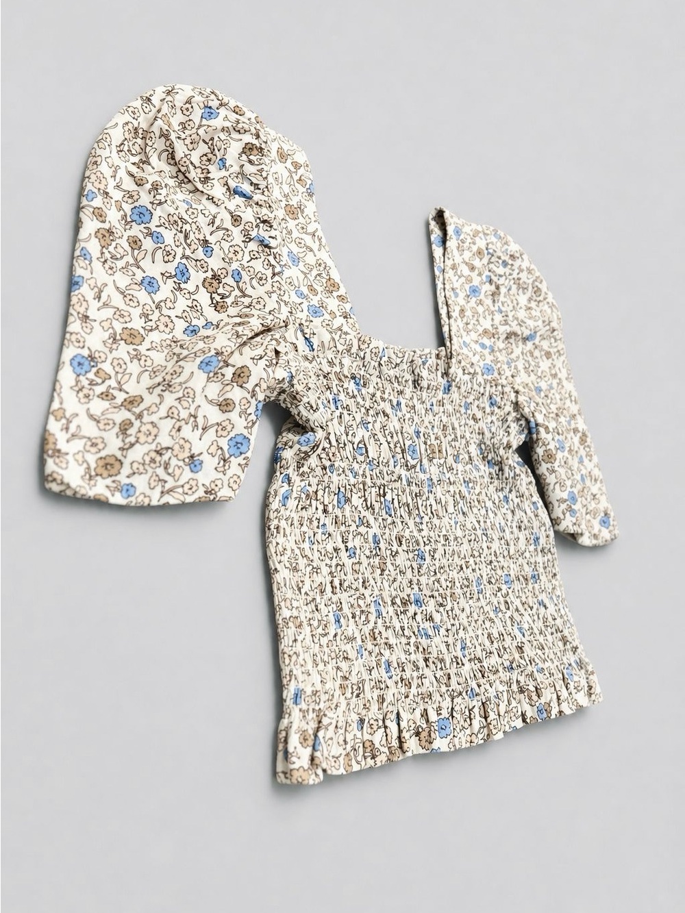 Olivaceous Cream Floral Smocked Puff Sleeve Blouse with Blue Accents